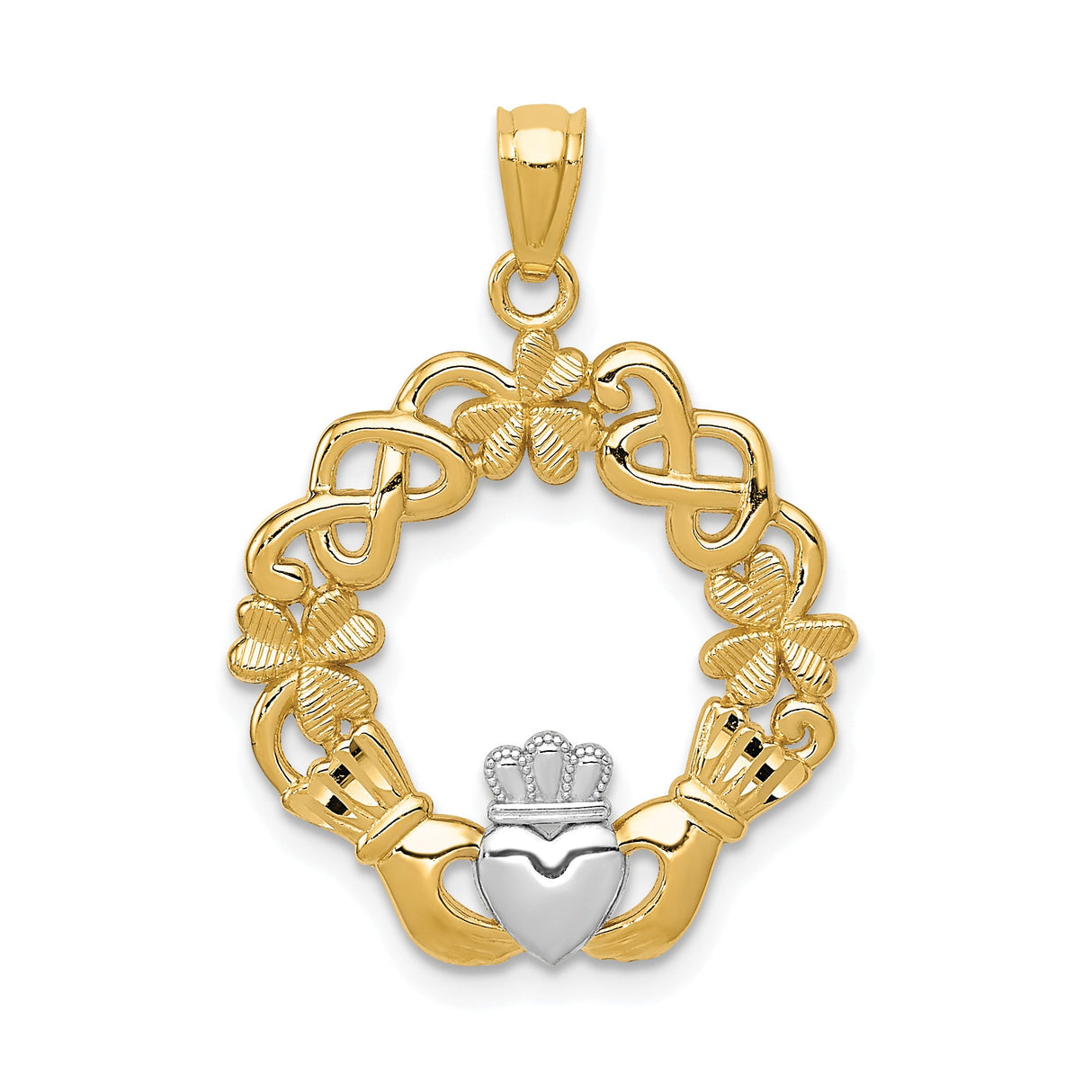 14k Multi-Tone Gold Claddagh Pendant with Shamrocks and Celtic Knots, Rhodium Accents