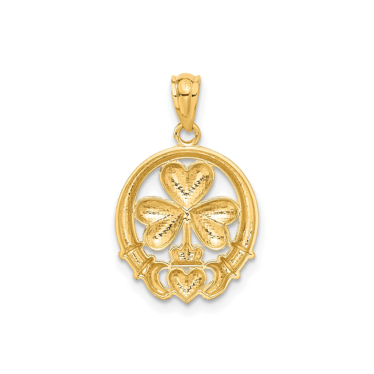 14k Multi-Tone Gold Claddagh Shamrock Pendant with Heart, Crown, and Hands Symbols, Celtic Irish Style
