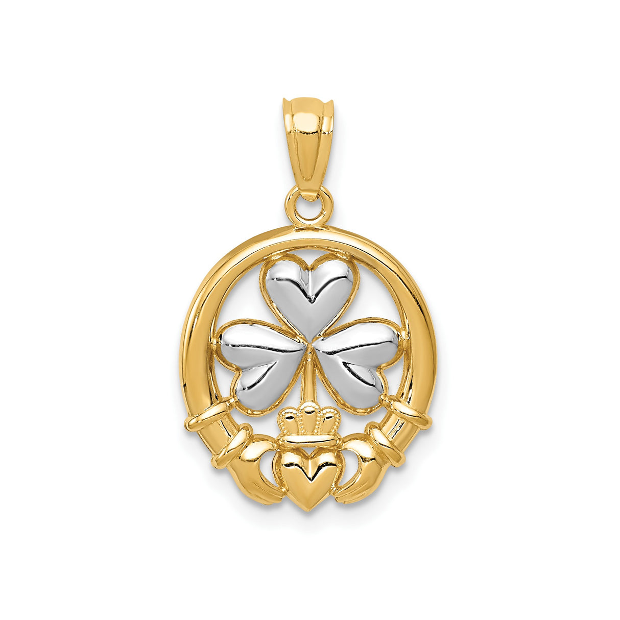 14k Multi-Tone Gold Claddagh Shamrock Pendant with Heart, Crown, and Hands Symbols, Celtic Irish Style
