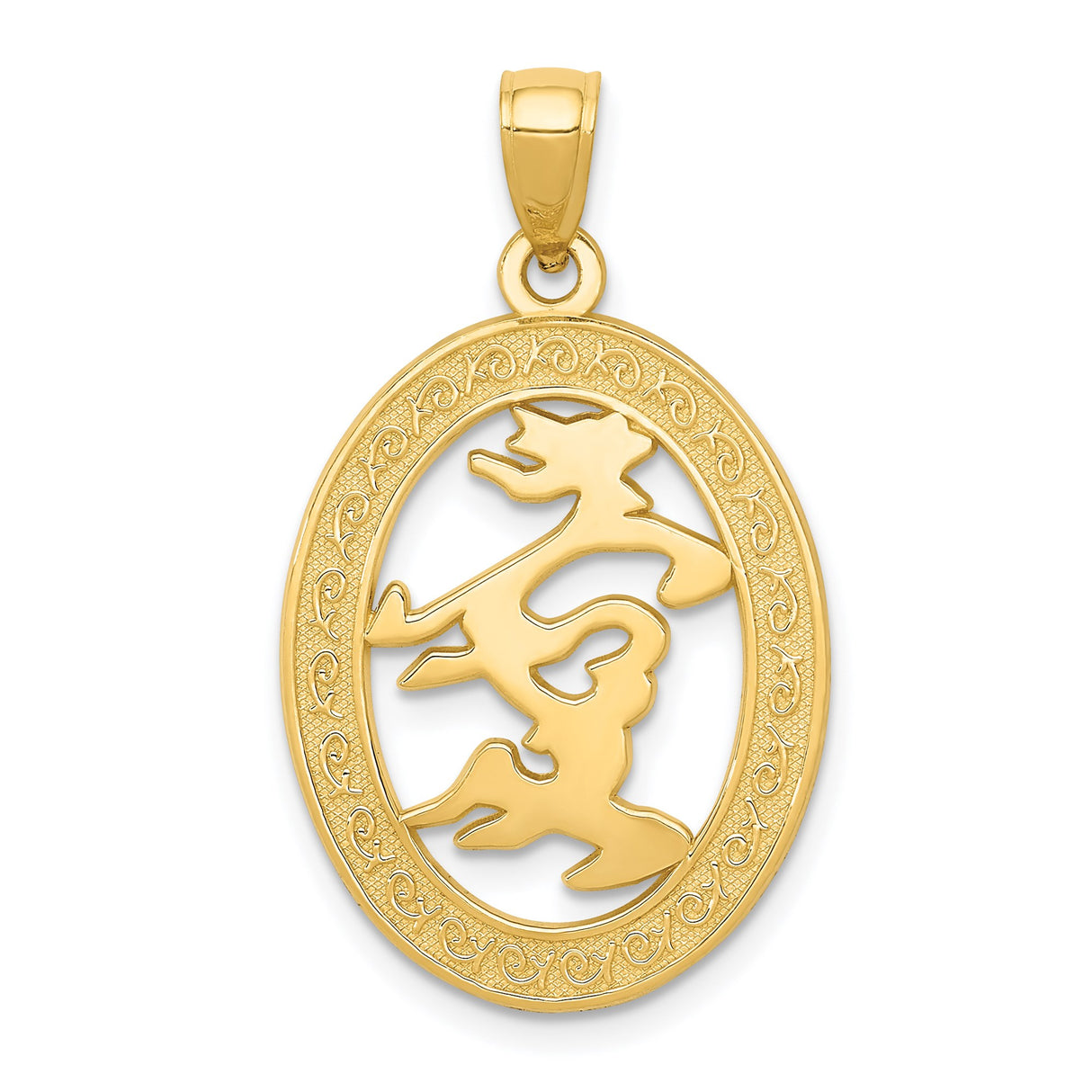 14k Yellow Gold Oval Pendant with Cutout Chinese Symbol for Love and Textured Border