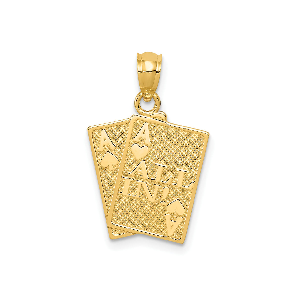 14k Yellow Gold Poker Pendant with Double Aces, All In Phrase, Casino Charm for Men
