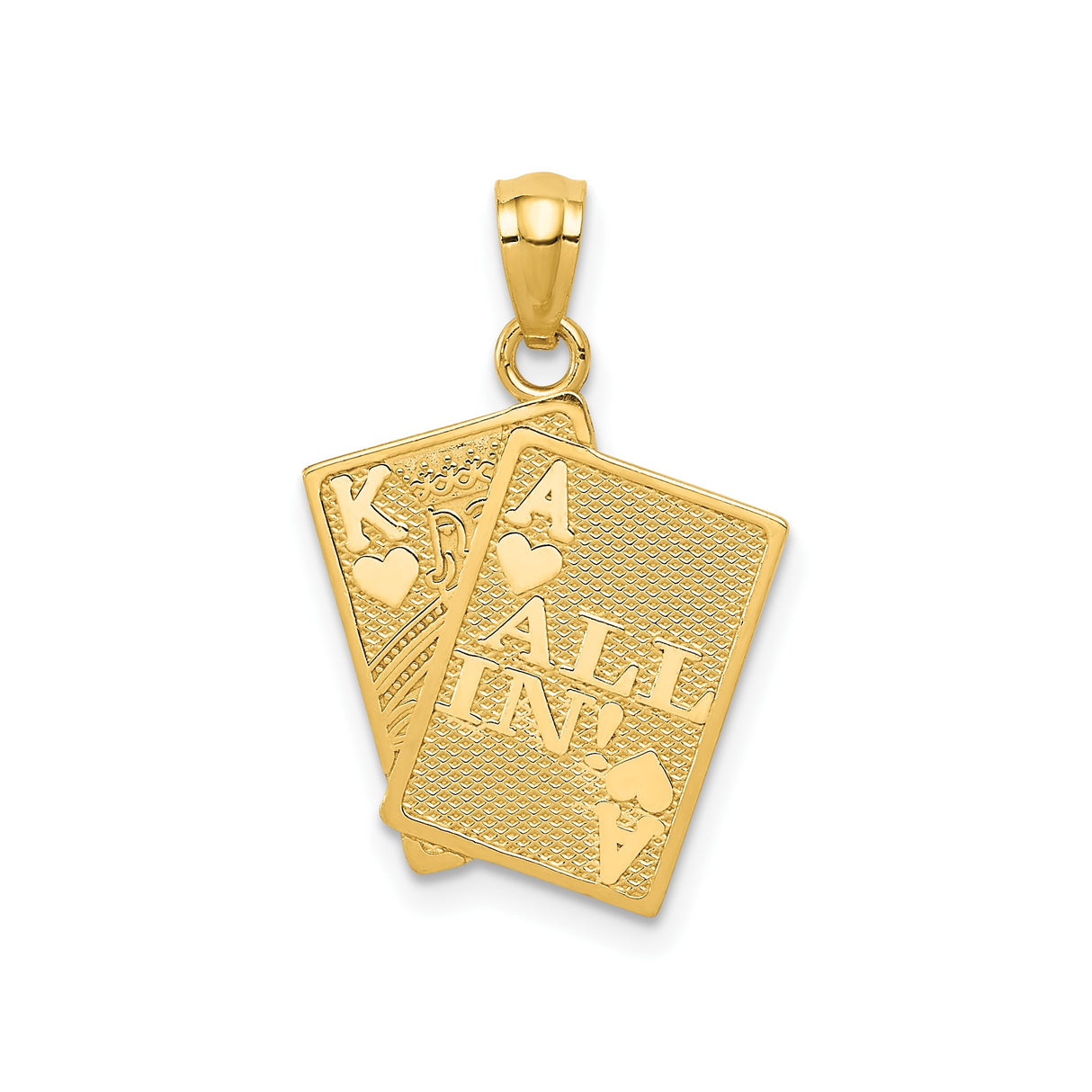 14k Yellow Gold Poker Pendant with Ace and King Playing Cards and All In Engraving