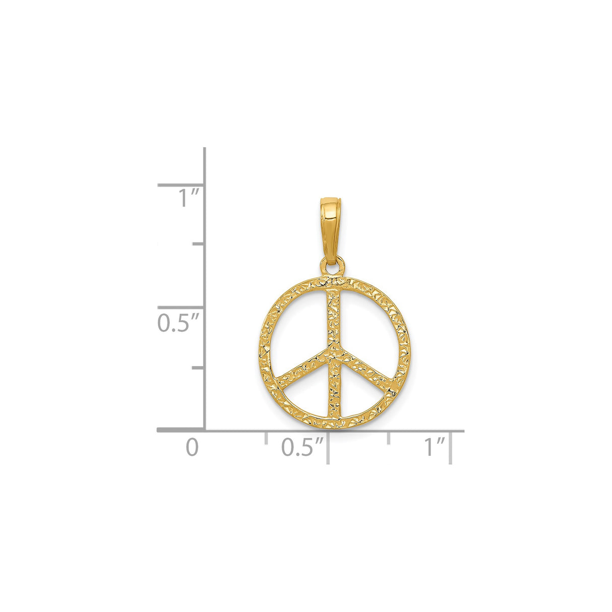 14k Yellow Gold Peace Symbol Pendant, Textured Boho Harmony Charm, Unisex Retro Style Jewelry