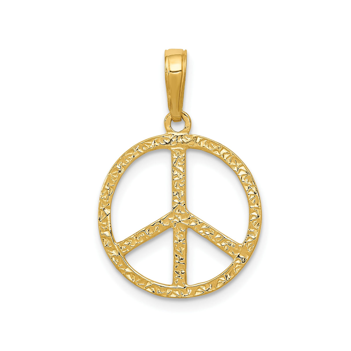 14k Yellow Gold Peace Symbol Pendant, Textured Boho Harmony Charm, Unisex Retro Style Jewelry