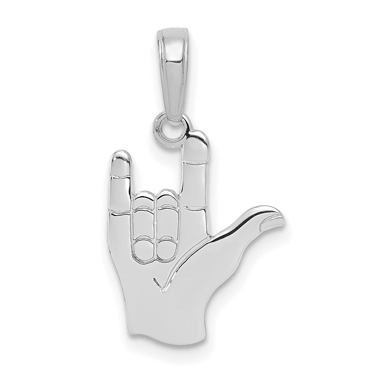 14k White Gold ASL Hand Sign Pendant, I Love You Symbol Charm, Polished Unisex Jewelry