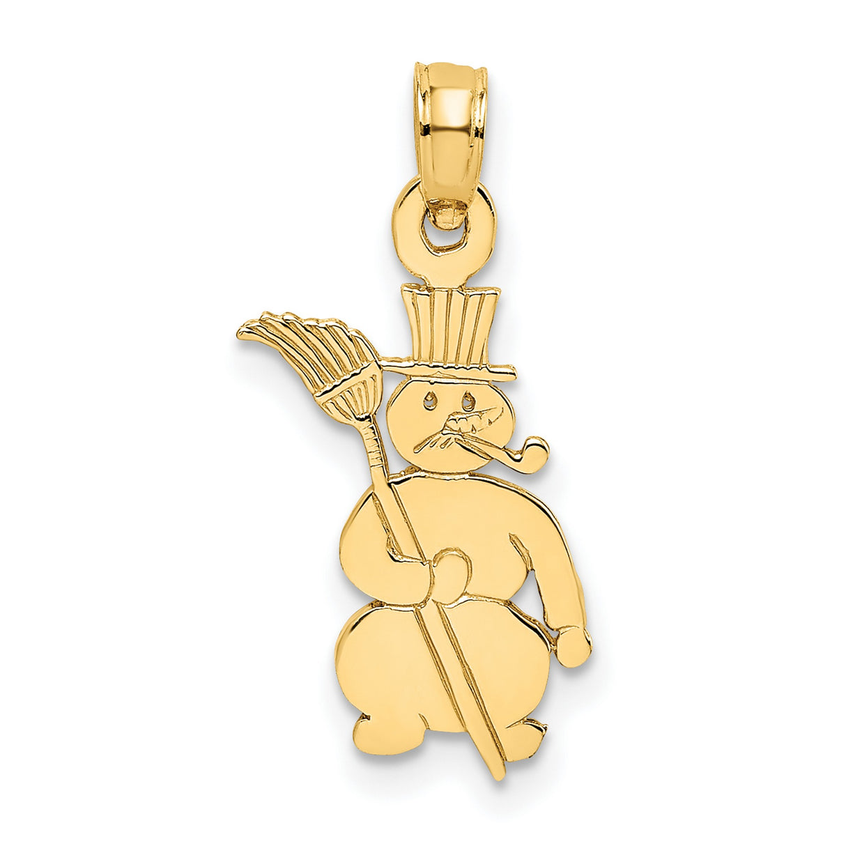 14k Yellow Gold Snowman Pendant with Top Hat, Pipe, and Broom, Festive Christmas Charm
