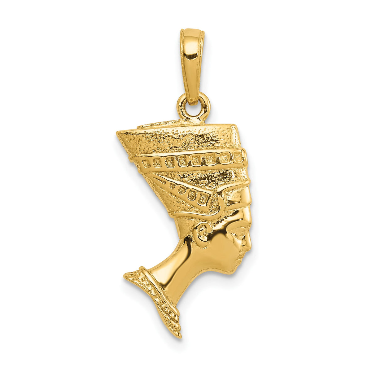 14k Yellow Gold Nefertiti Pendant with Detailed Headdress, Egyptian Queen Profile Charm