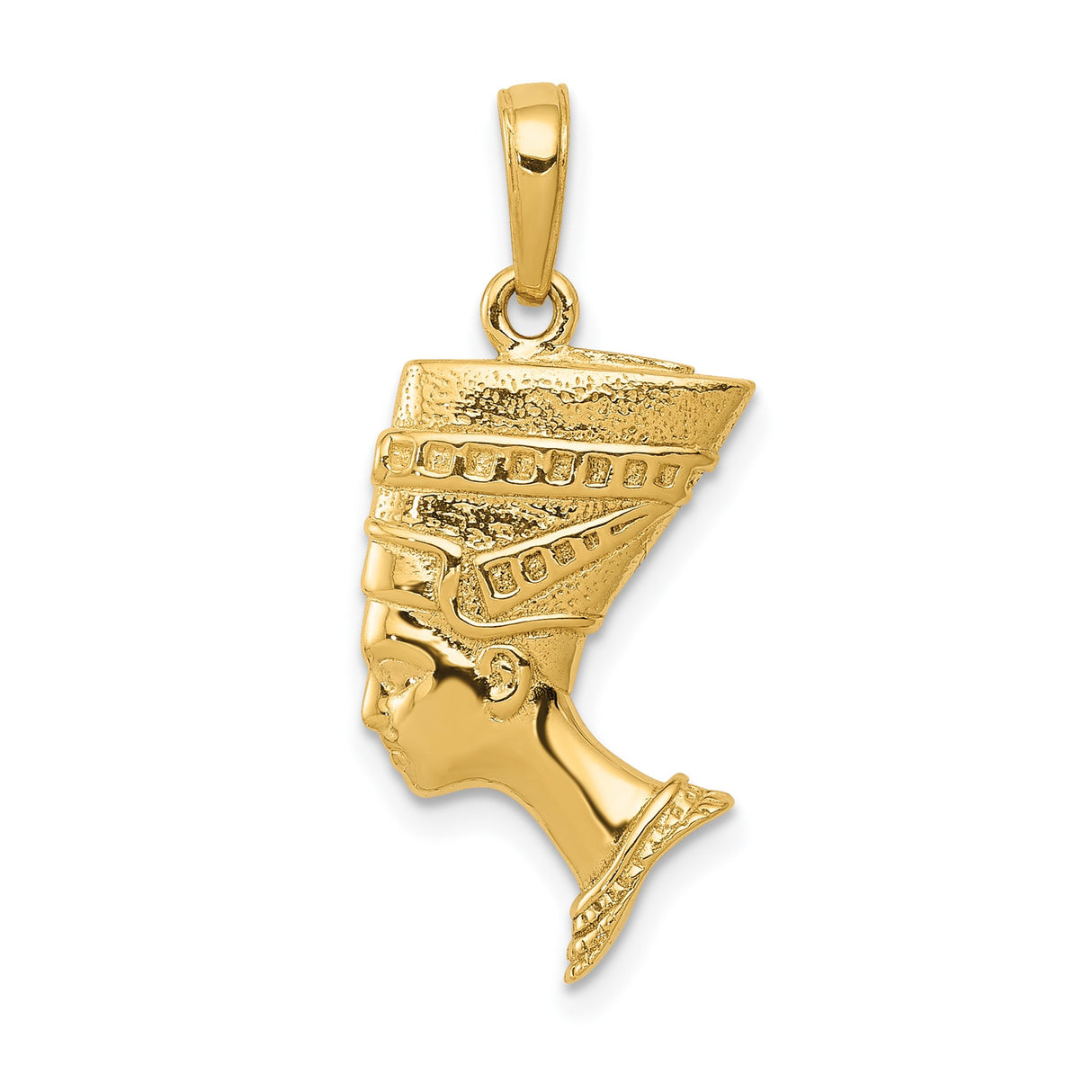 14k Yellow Gold Nefertiti Pendant with Detailed Headdress, Egyptian Queen Profile Charm