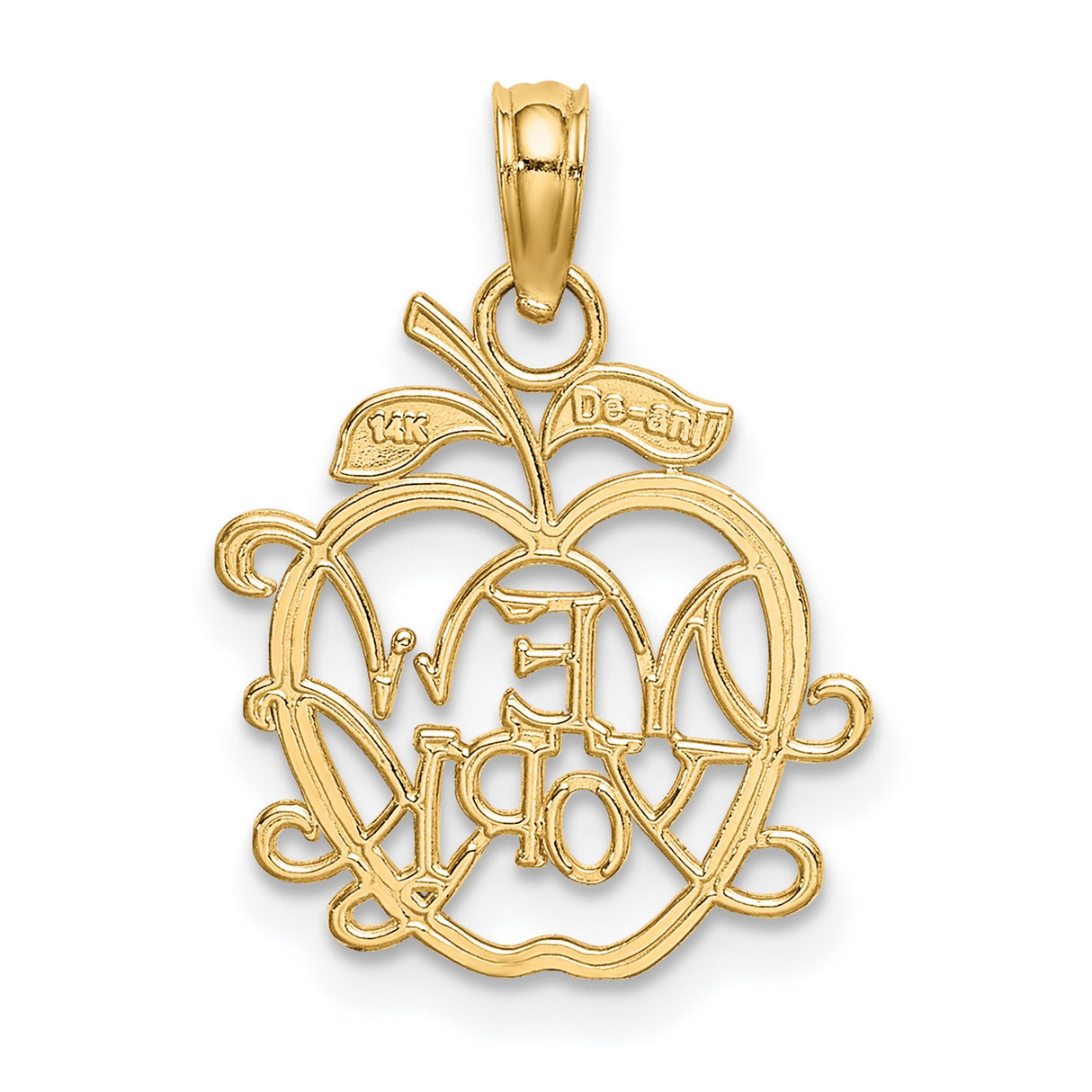 14k Yellow Gold Apple Shaped Pendant with New York Script Cutout, NYC Travel Charm