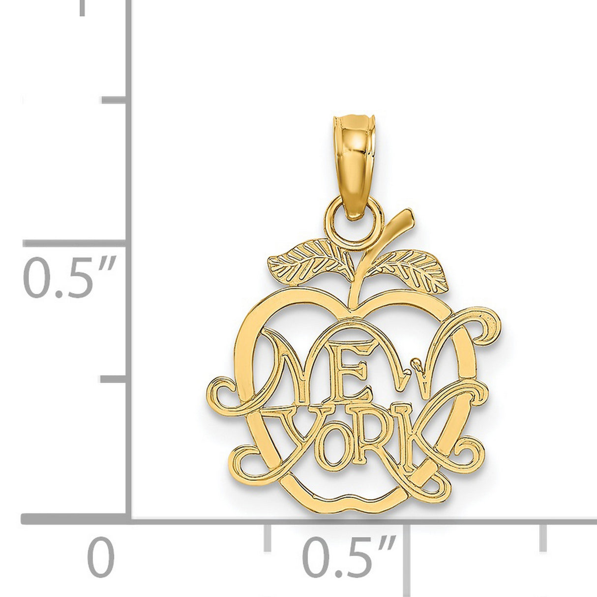 14k Yellow Gold Apple Shaped Pendant with New York Script Cutout, NYC Travel Charm