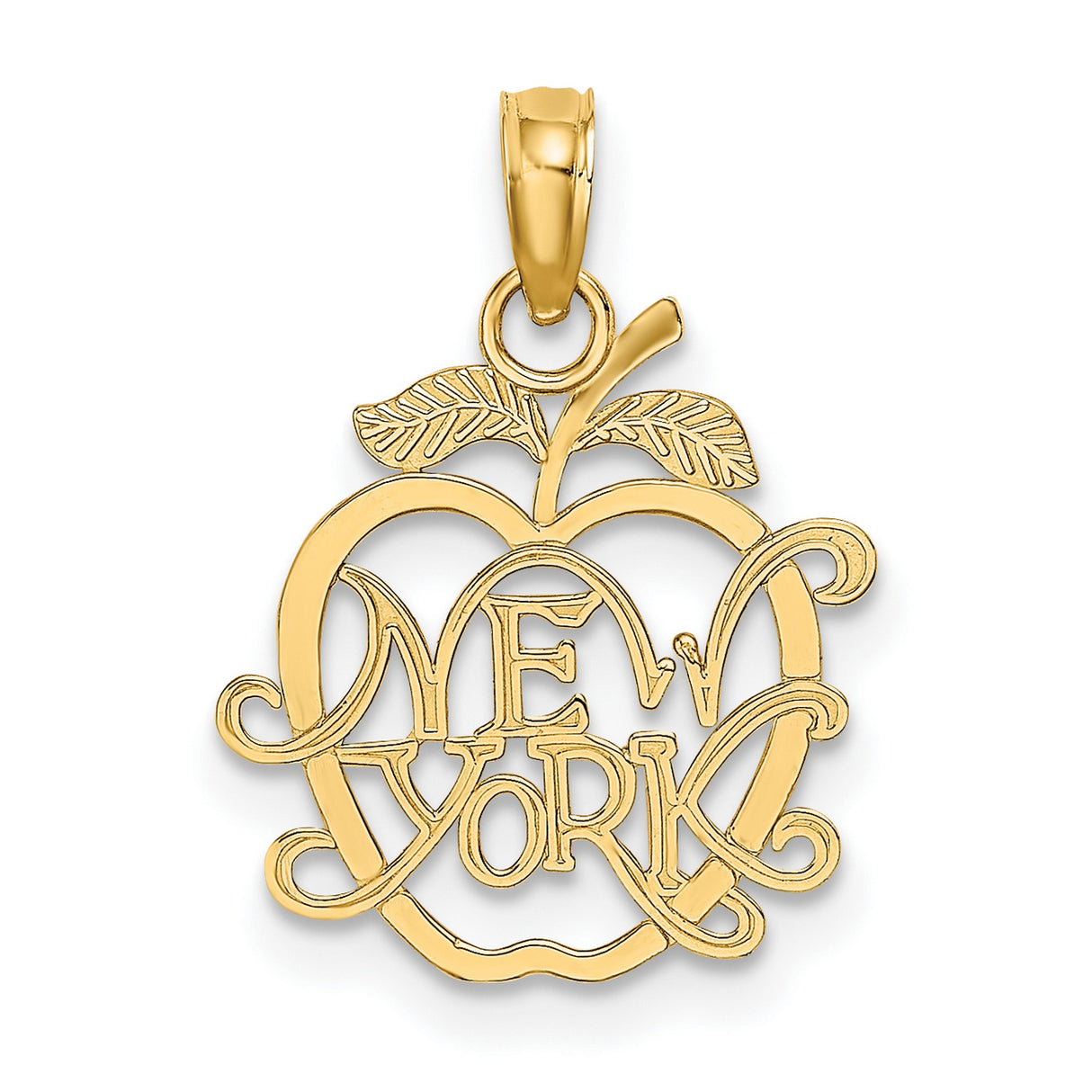14k Yellow Gold Apple Shaped Pendant with New York Script Cutout, NYC Travel Charm