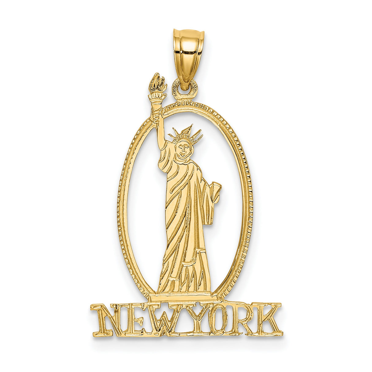 14k Yellow Gold Statue of Liberty Pendant with New York Text, Travel Souvenir Charm