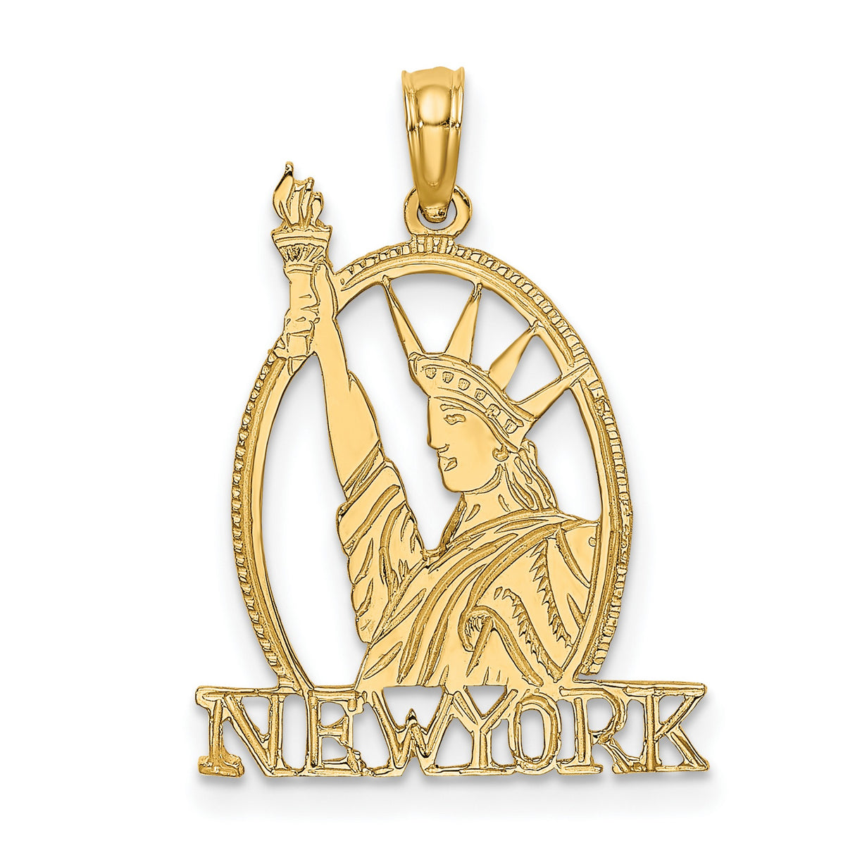 14k Yellow Gold Statue of Liberty Pendant, Cut-Out Design, New York Engraving, Unisex Charm