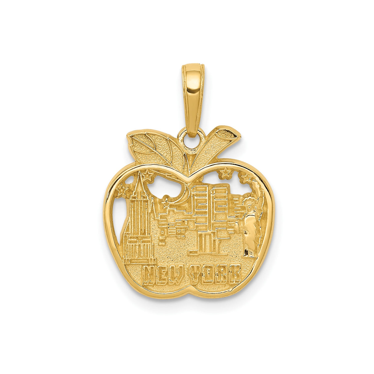 14k Yellow Gold NYC Skyline Apple Pendant with Statue of Liberty and Empire State Building