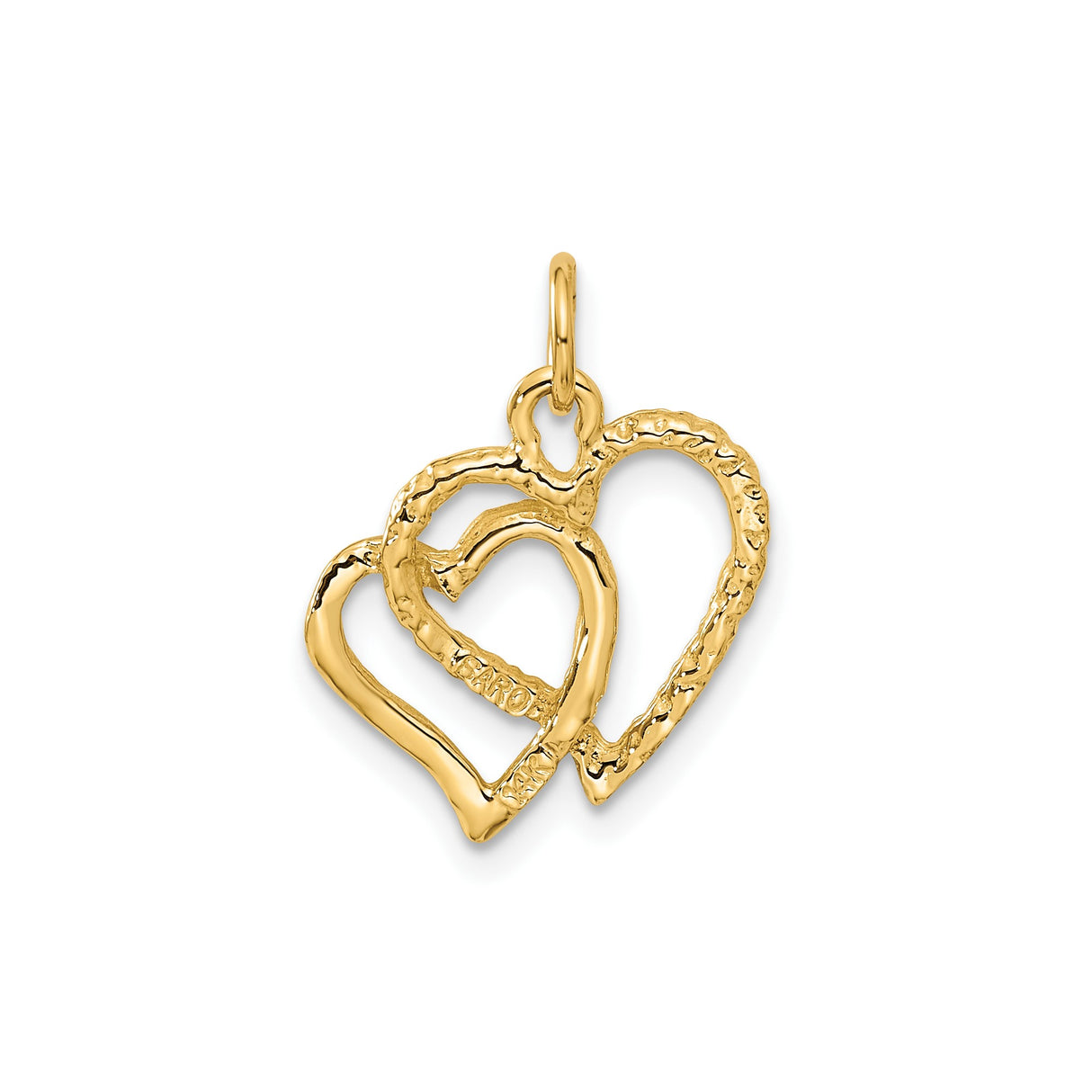 14k Yellow Gold Pendant with Interlocking Open Hearts, Textured and Polished Charm