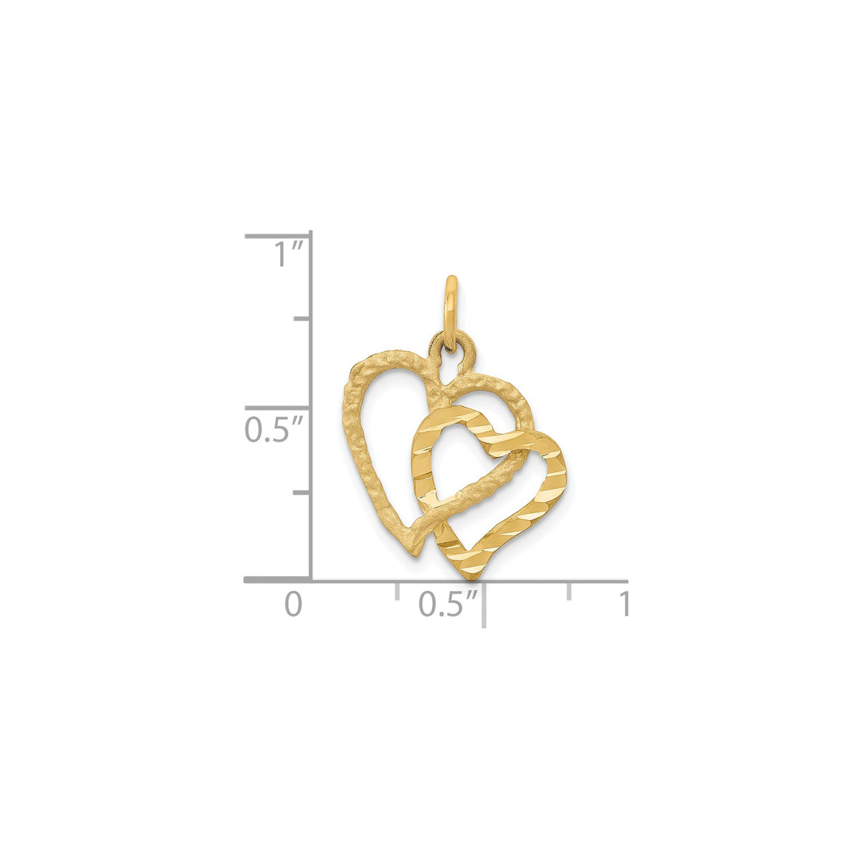 14k Yellow Gold Pendant with Interlocking Open Hearts, Textured and Polished Charm