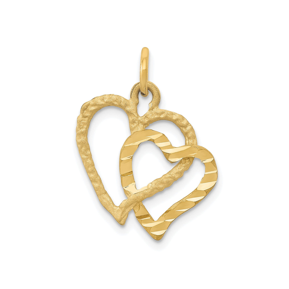 14k Yellow Gold Pendant with Interlocking Open Hearts, Textured and Polished Charm