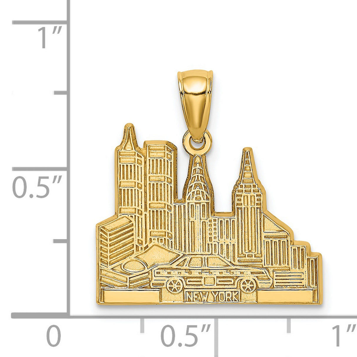 14k Yellow Gold New York Skyline Pendant with Taxi Cab, Unisex Cityscape Charm