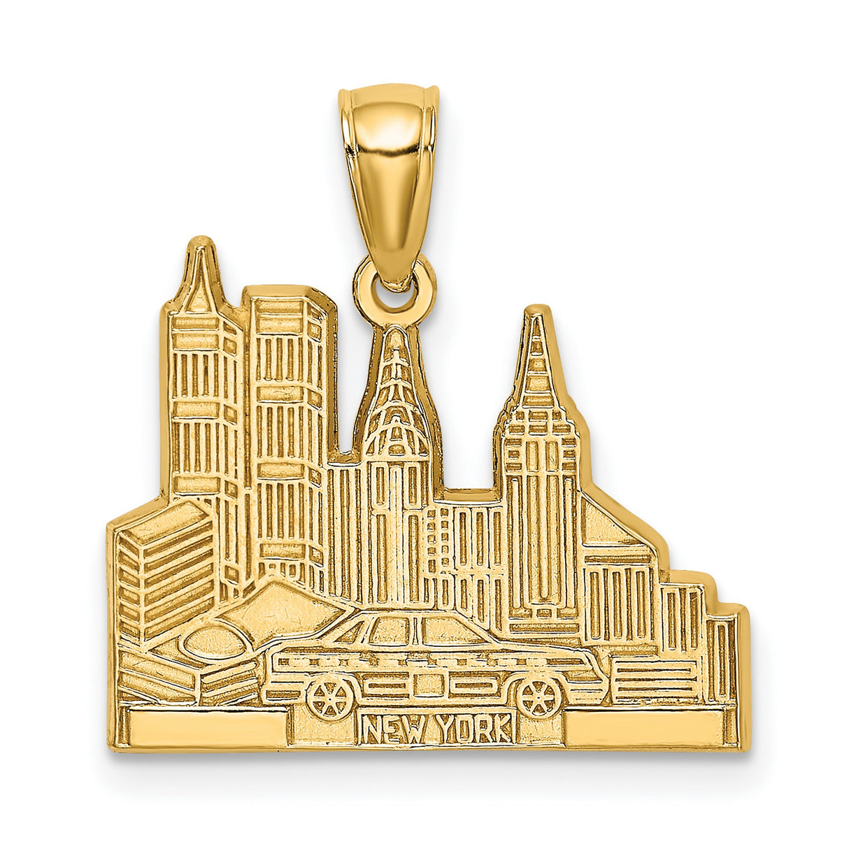 14k Yellow Gold New York Skyline Pendant with Taxi Cab, Unisex Cityscape Charm