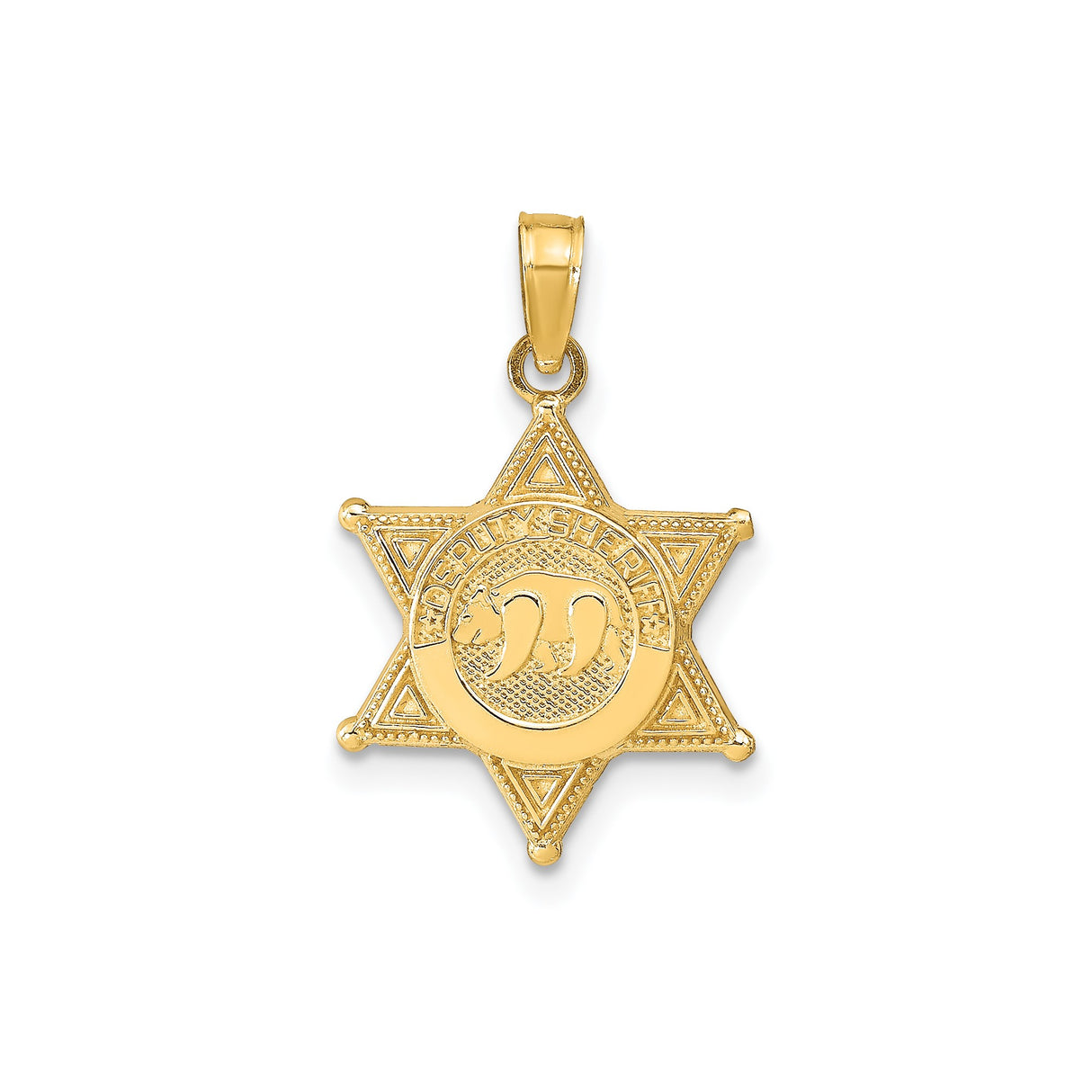 14k Yellow Gold Sheriff Badge Pendant with Bear Emblem, Western Law Enforcement Charm