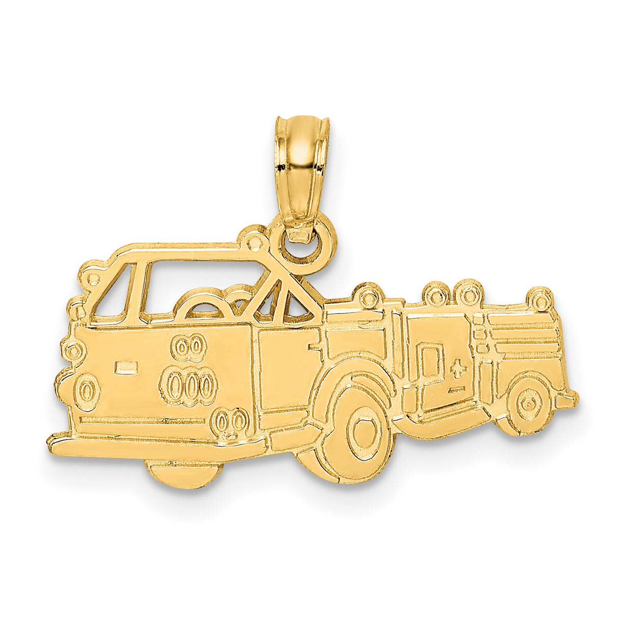14k Yellow Gold Firetruck Pendant with Cutout Fire Engine Design for Men or Unisex