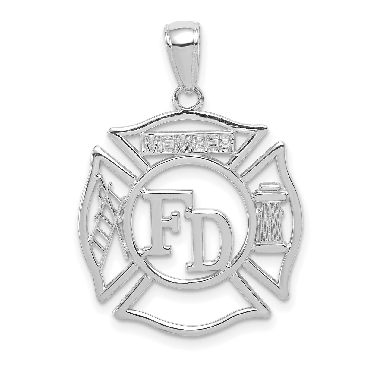 14k White Gold Firefighter Pendant with Maltese Cross, Ladder, Hydrant, and Shield Symbols