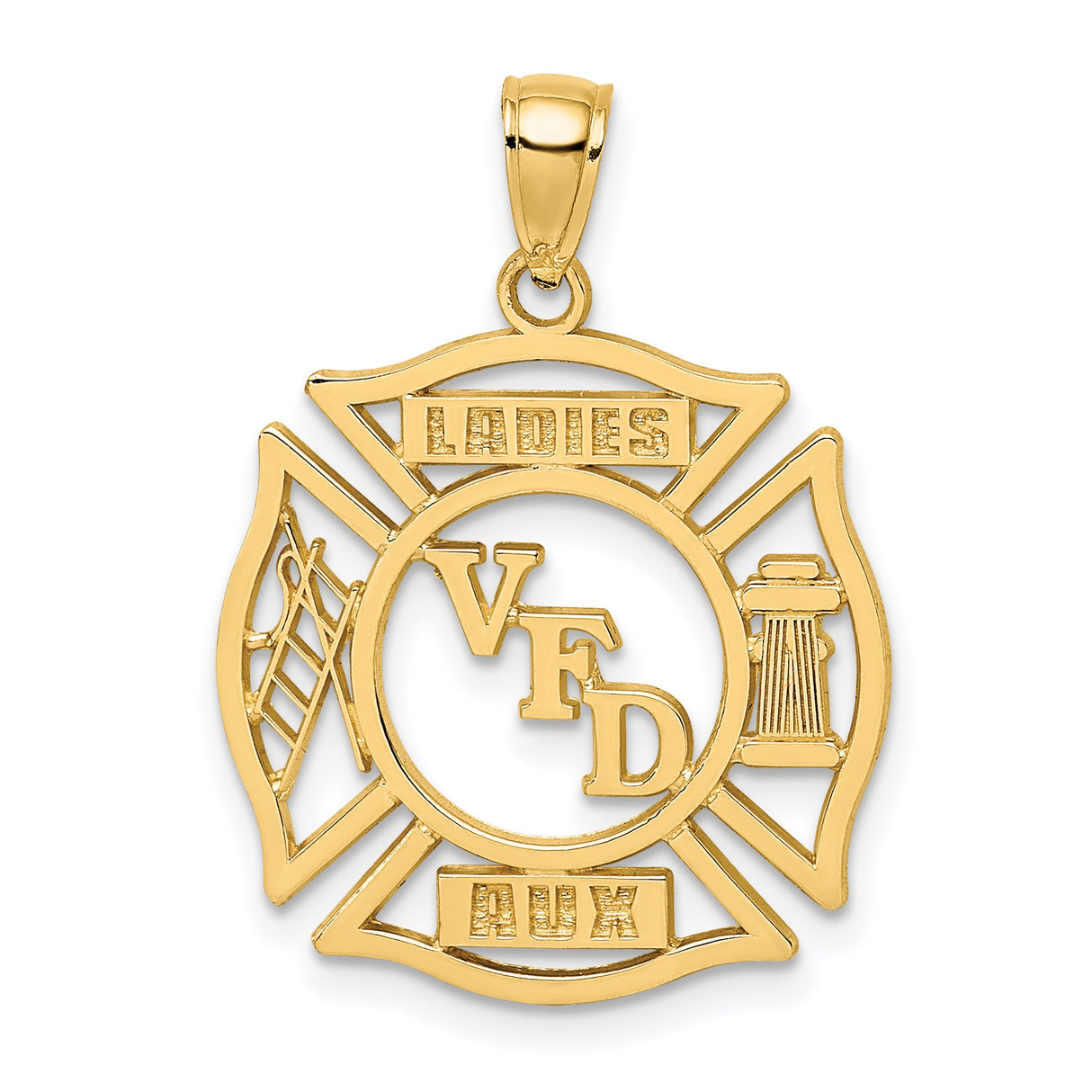 14k Yellow Gold Maltese Cross Pendant with Firefighter Emblem and VFD Ladies Auxiliary Insignia