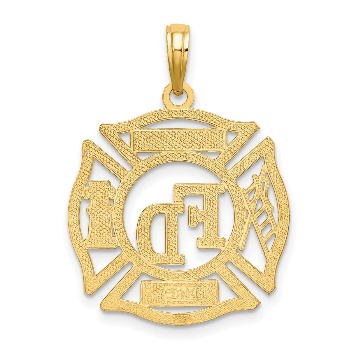 14k Yellow Gold Firefighter Pendant with Maltese Cross, Ladder, Hydrant, and FD Engravings