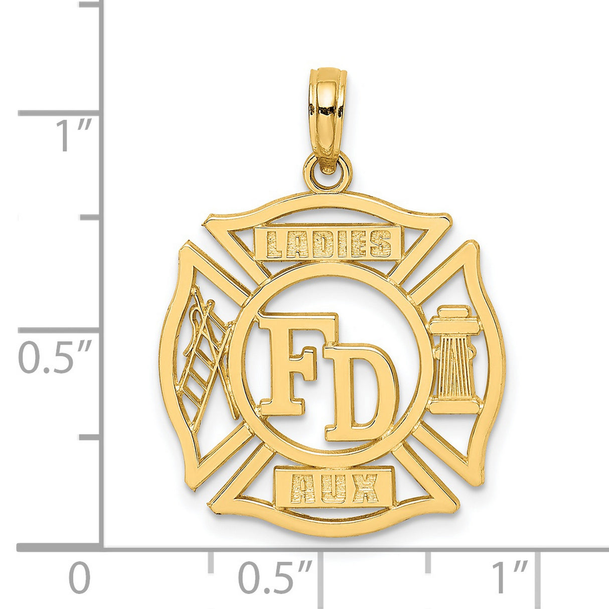 14k Yellow Gold Firefighter Pendant with Maltese Cross, Ladder, Hydrant, and FD Engravings