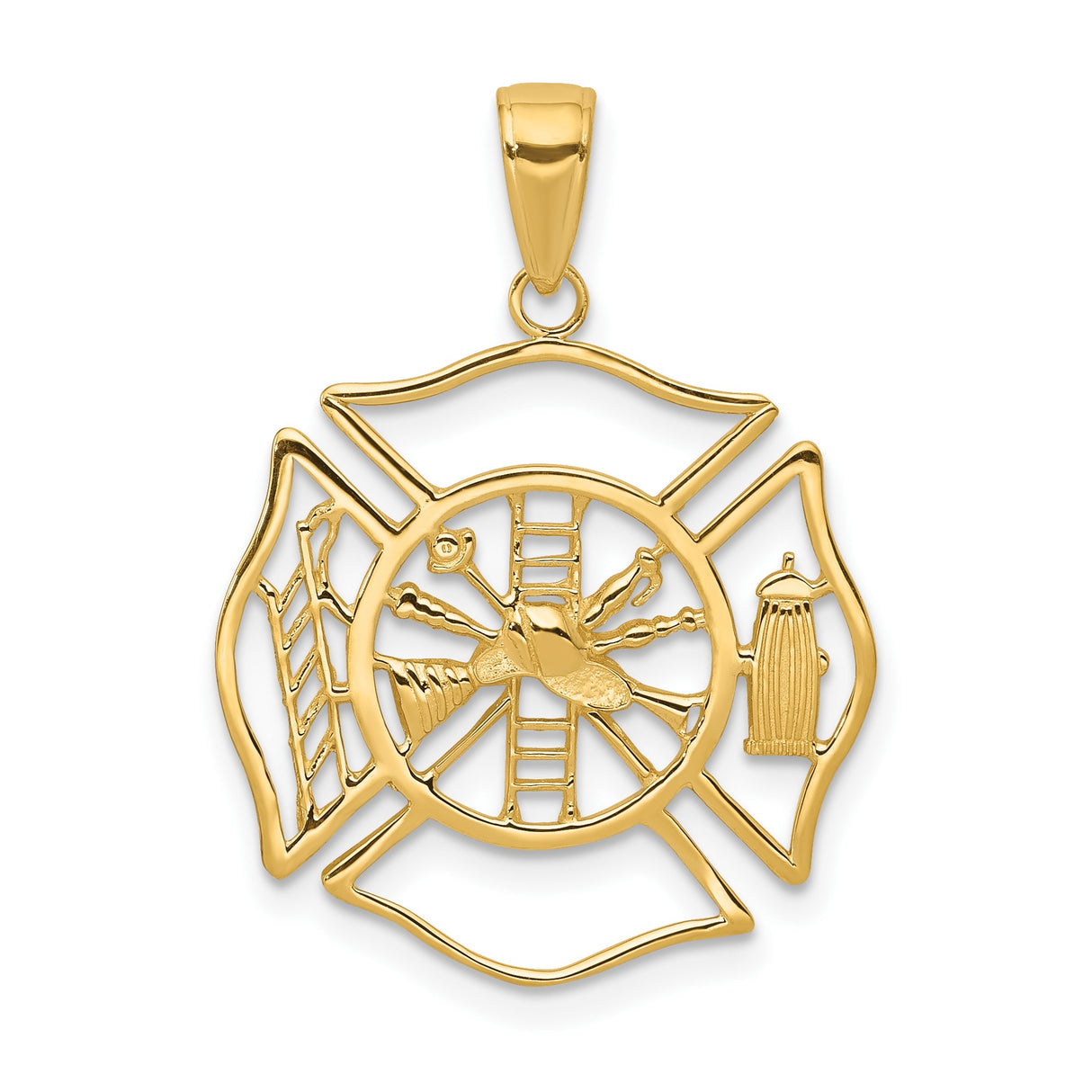 14k Yellow Gold Firefighter Cross Pendant with Maltese Symbol and Tools for Men and Unisex