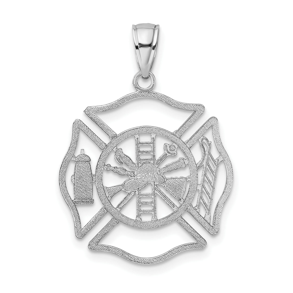 14k White Gold Firefighter Maltese Cross Pendant with Helmet, Ladder, and Hydrant