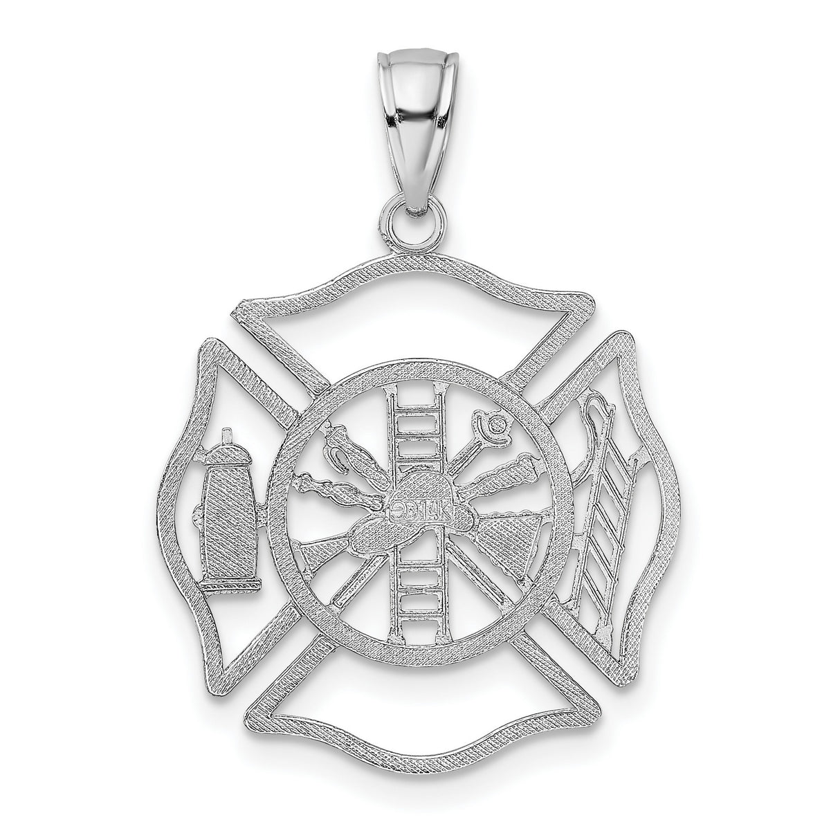 14k White Gold Firefighter Maltese Cross Pendant with Helmet and Tools