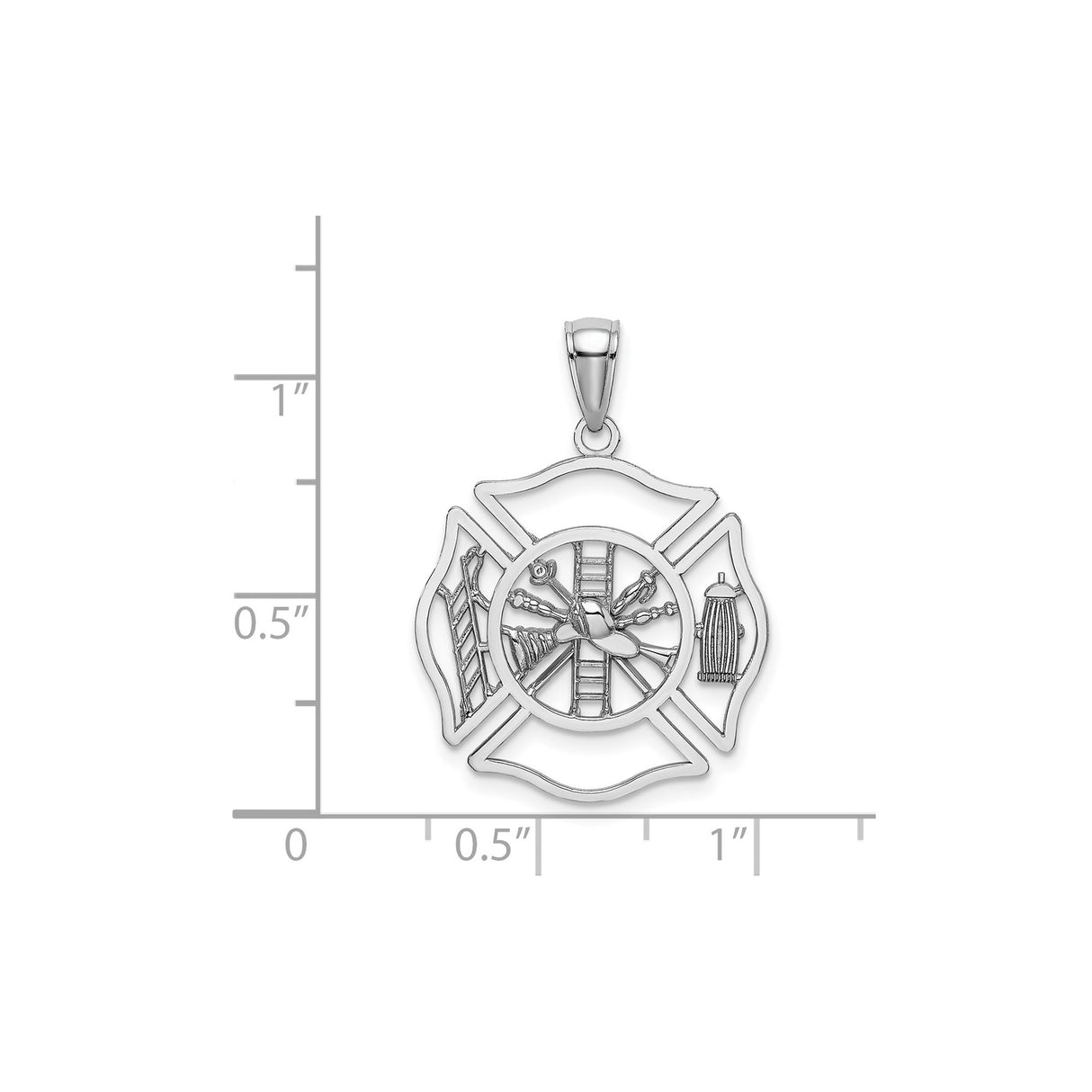 14k White Gold Firefighter Maltese Cross Pendant with Helmet, Ladder, and Hydrant