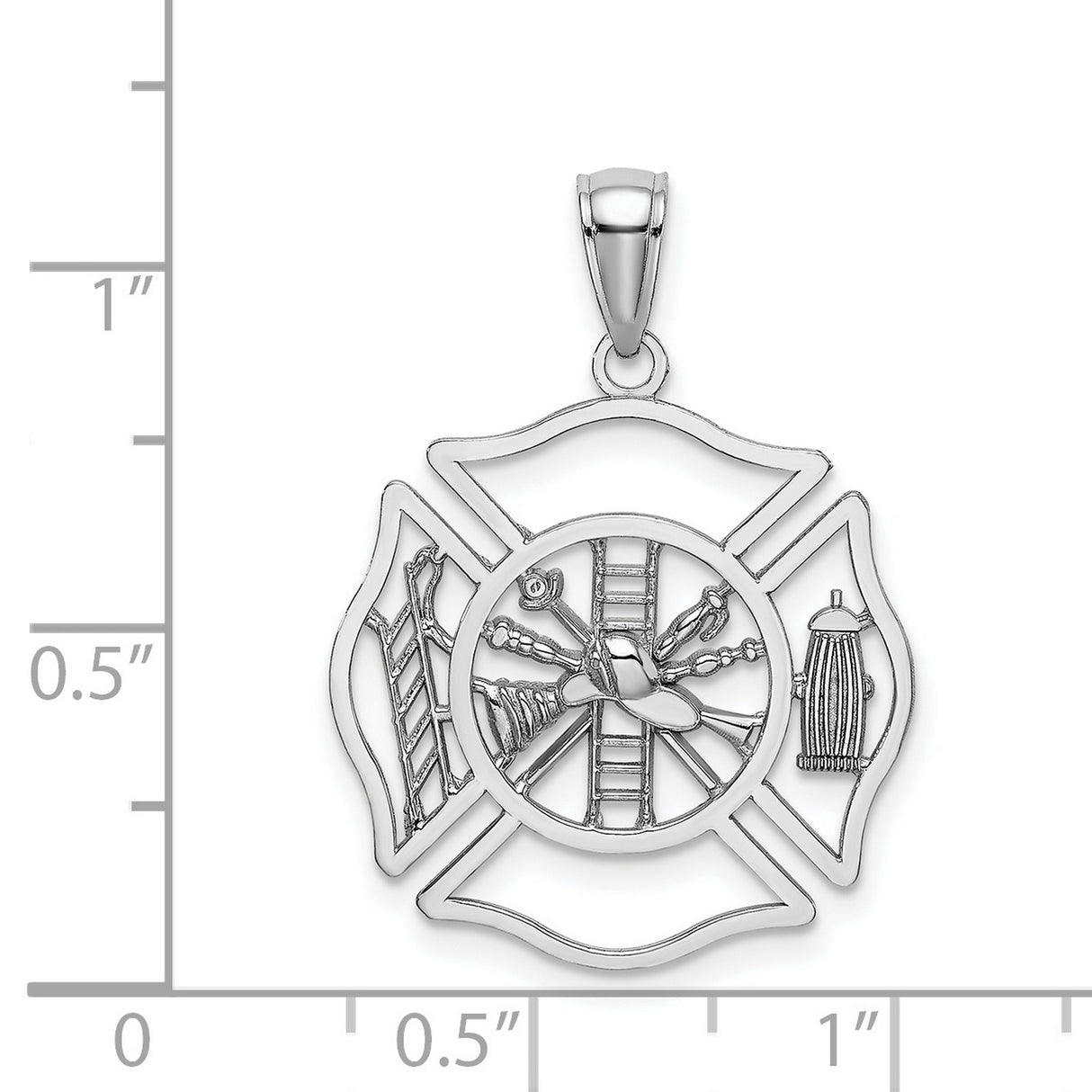 14k White Gold Firefighter Maltese Cross Pendant with Helmet and Tools