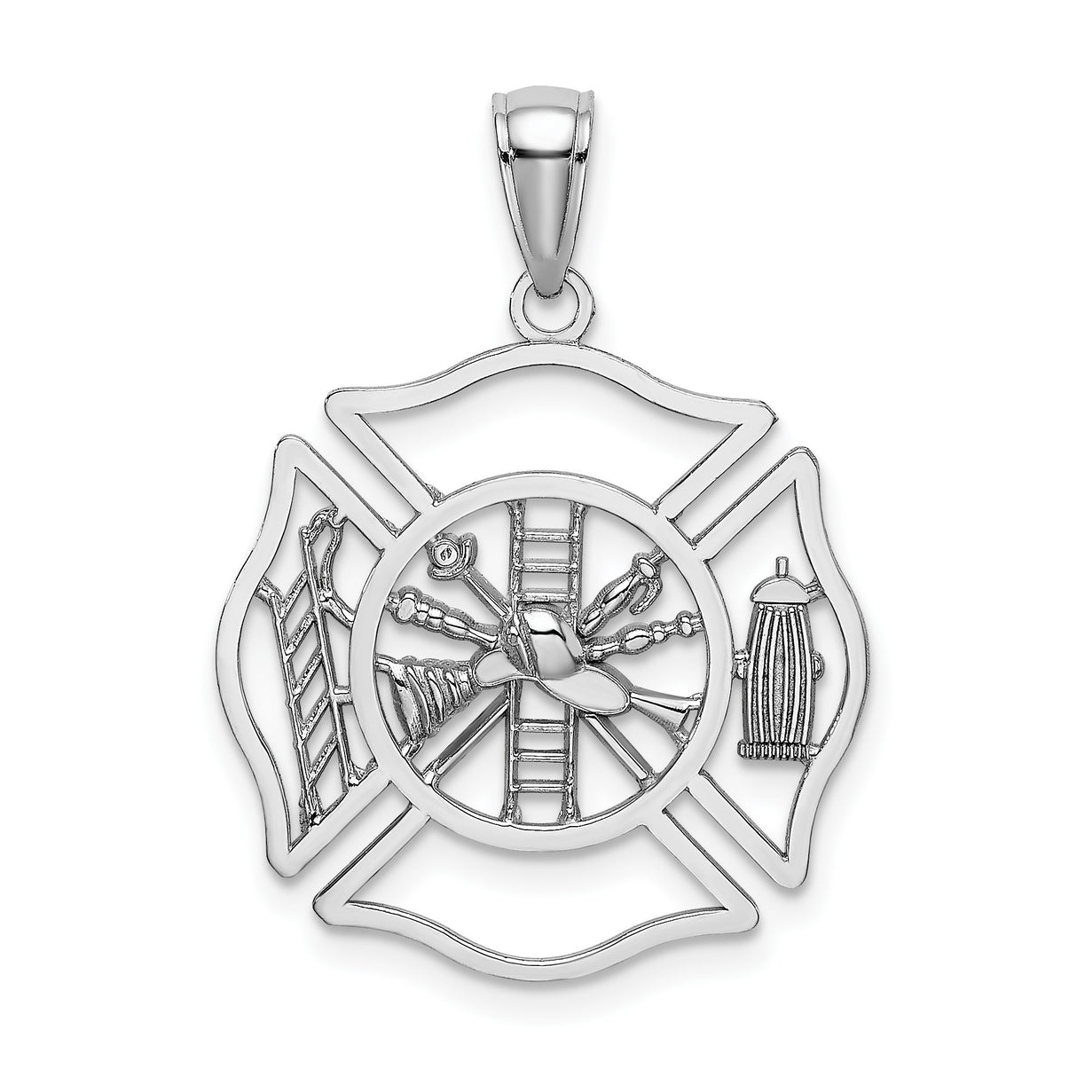 14k White Gold Firefighter Maltese Cross Pendant with Helmet, Ladder, and Hydrant