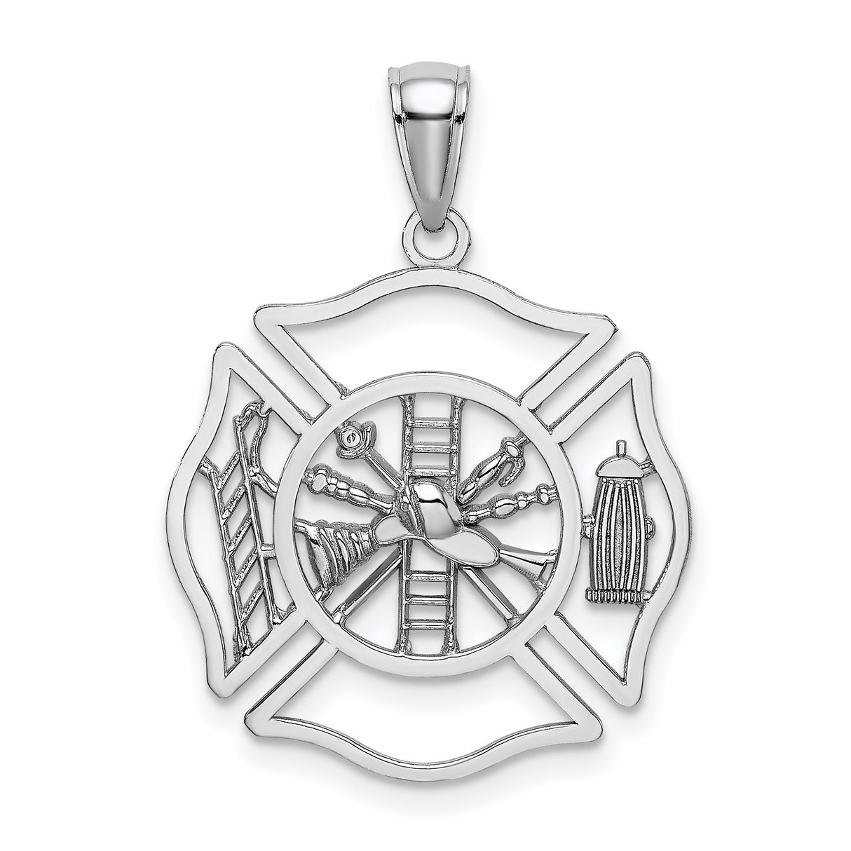 14k White Gold Firefighter Maltese Cross Pendant with Helmet and Tools