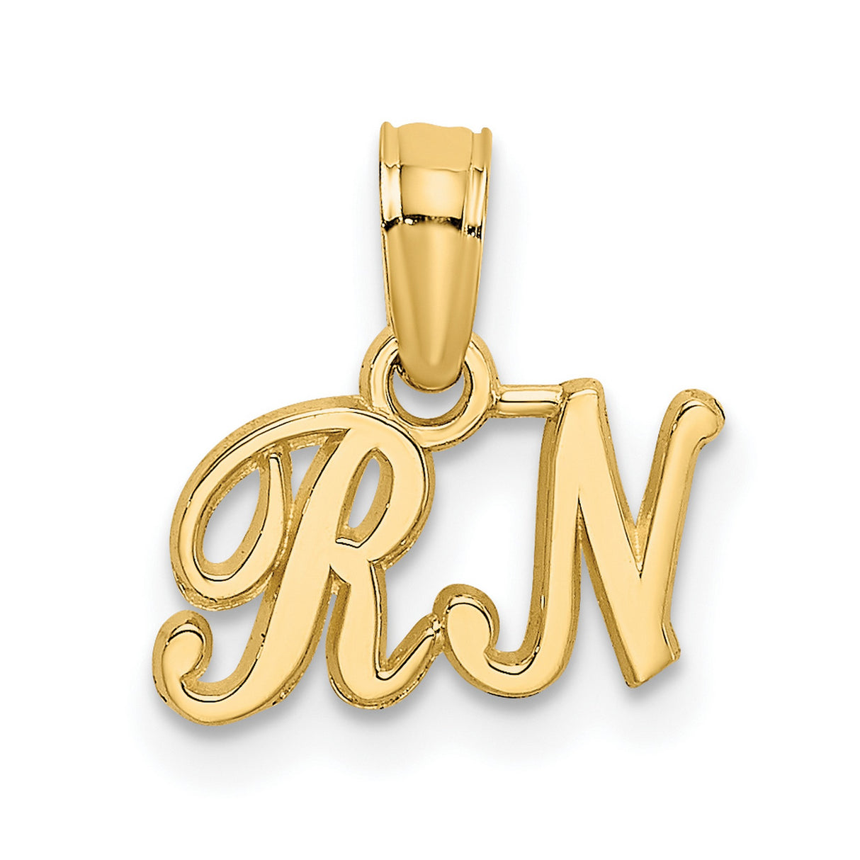 14k Yellow Gold RN Pendant Charm, Script Letters Symbolizing Registered Nurse Pride