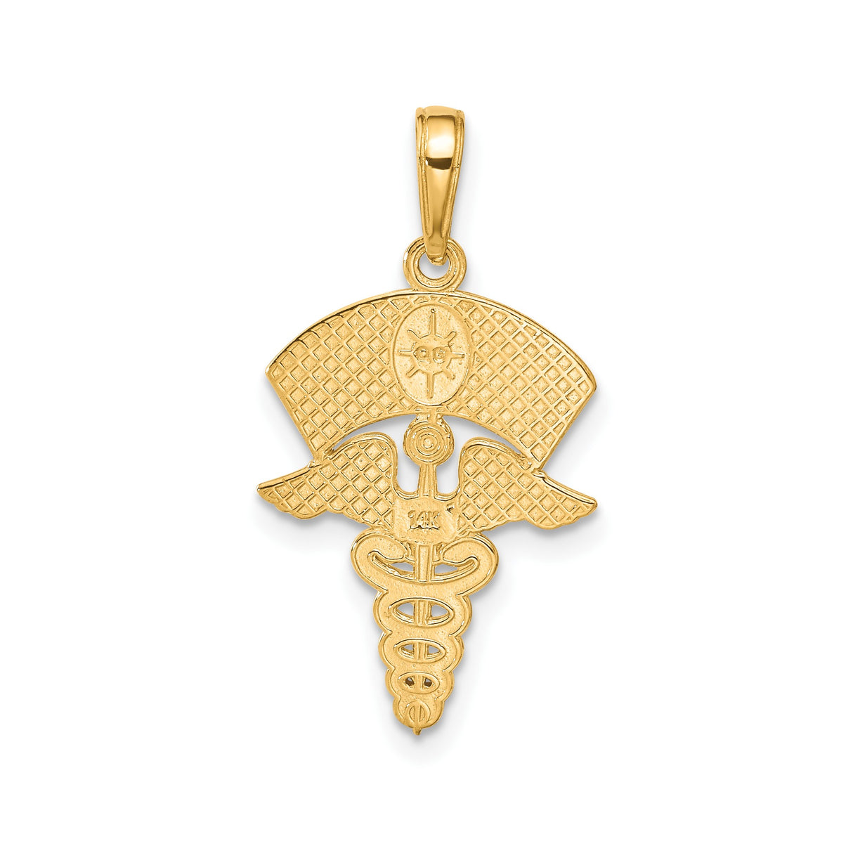 14k Yellow Gold Nurse Pendant with Caduceus Symbol and Cap Cross