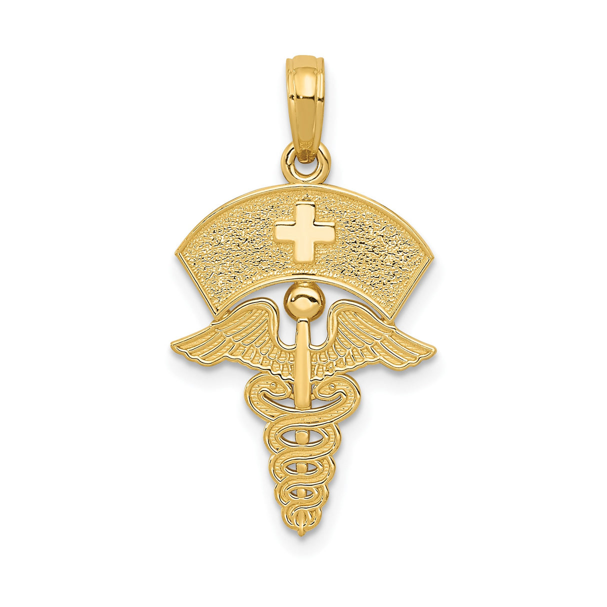 14k Yellow Gold Nurse Pendant with Caduceus Symbol and Cap Cross
