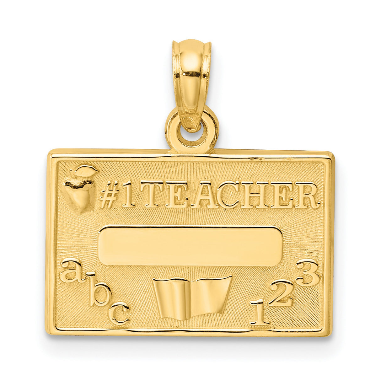 14k Yellow Gold Rectangle Pendant with ABC 123, Open Book, and Number One Teacher Design