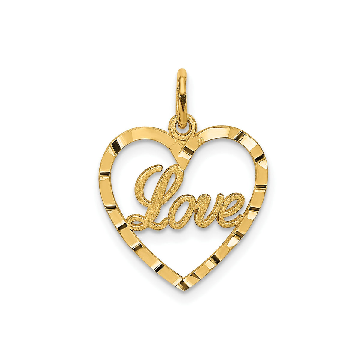 14k Yellow Gold Heart Pendant with Script Love Lettering and Textured Edges