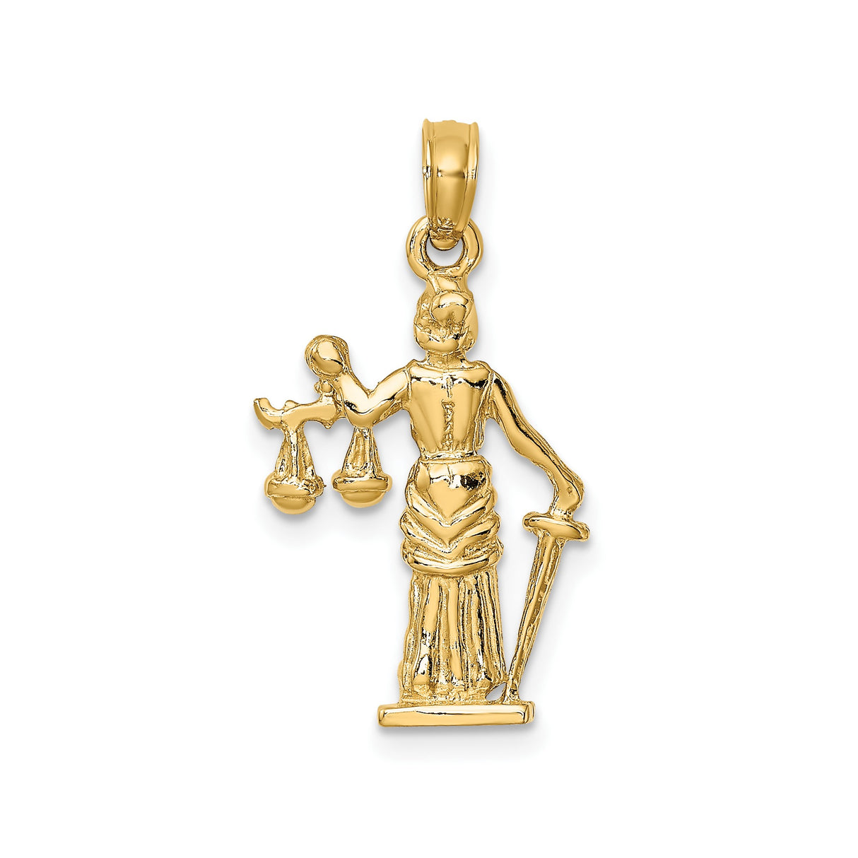14k Yellow Gold Lady Justice Pendant with Scales and Sword Legal Symbol Jewelry