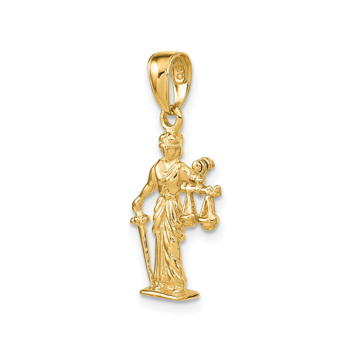 14k Yellow Gold Lady Justice Pendant with Scales and Sword Legal Symbol Jewelry