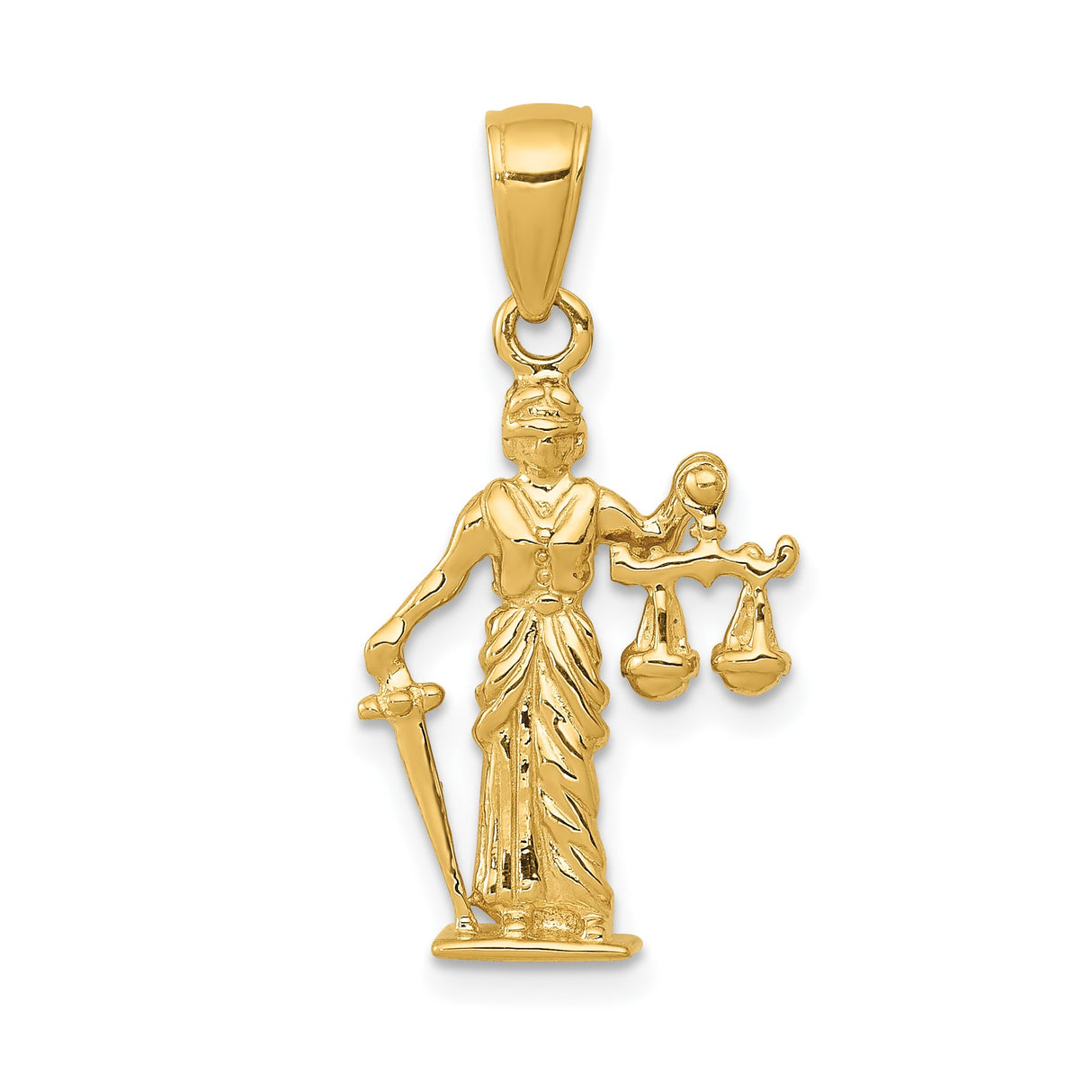 14k Yellow Gold Lady Justice Pendant with Scales and Sword Legal Symbol Jewelry