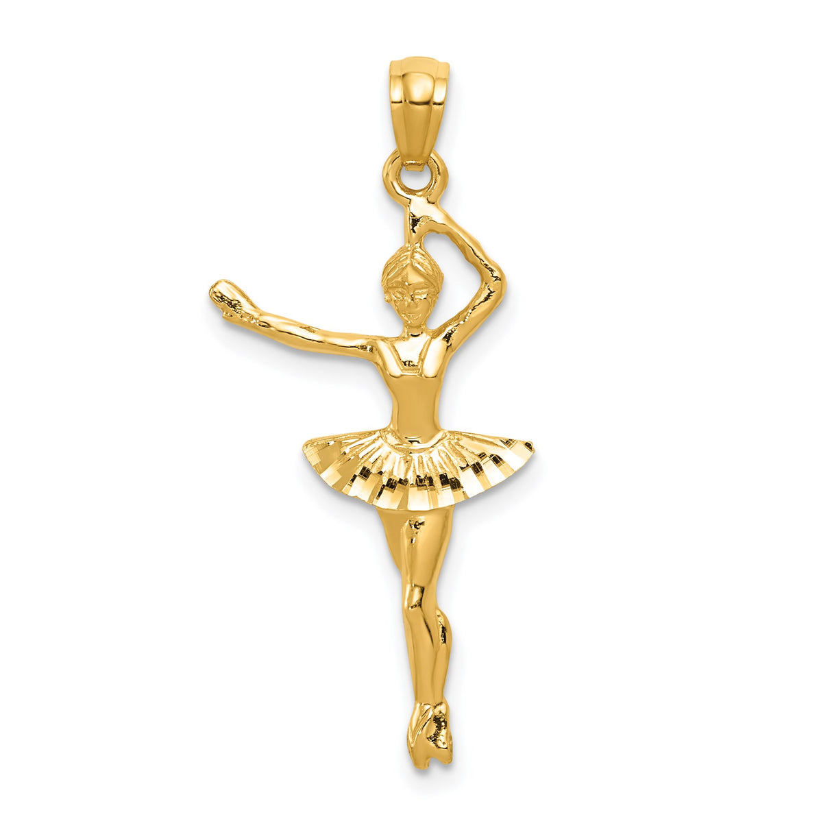 14k Yellow Gold Ballerina Pendant with Textured Tutu Skirt, Dance Charm for Women