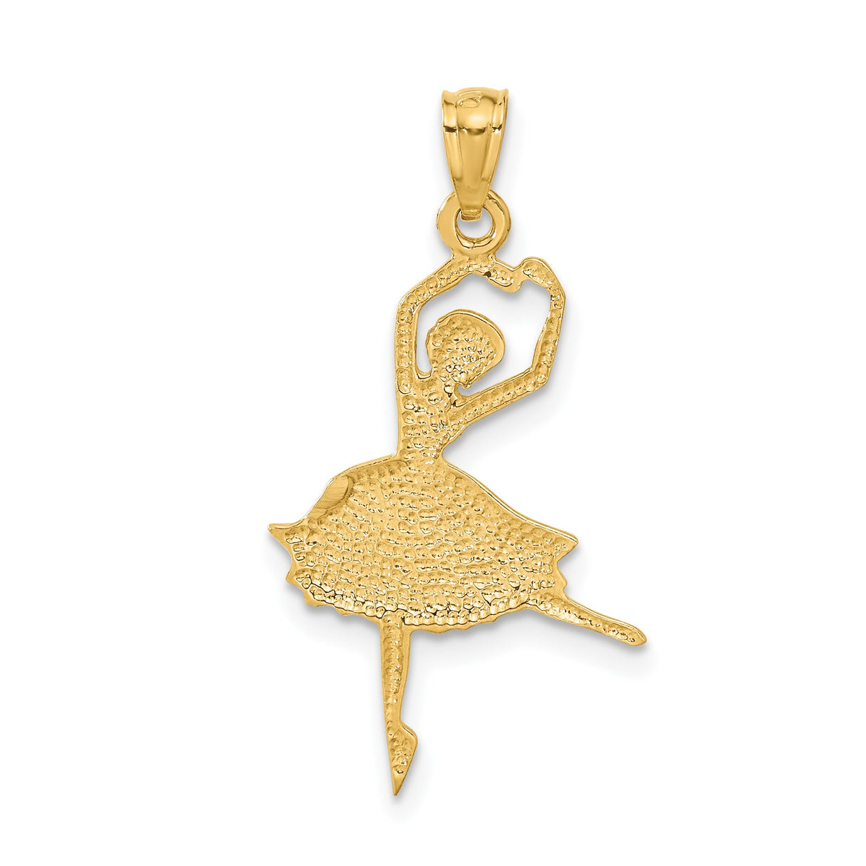 14k Yellow Gold Ballerina Pendant, Graceful Dance Charm with Detailed Dress