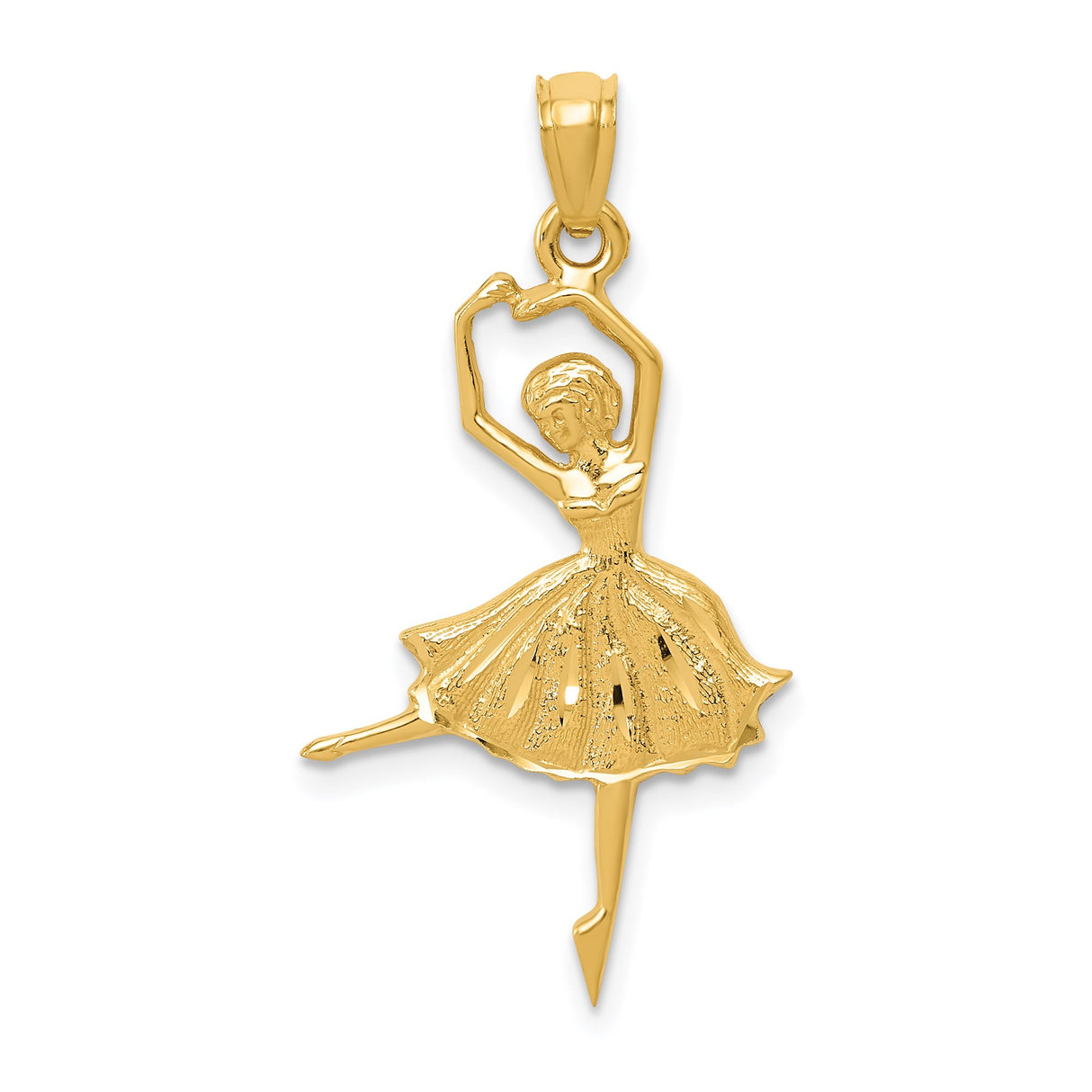 14k Yellow Gold Ballerina Pendant, Graceful Dance Charm with Detailed Dress
