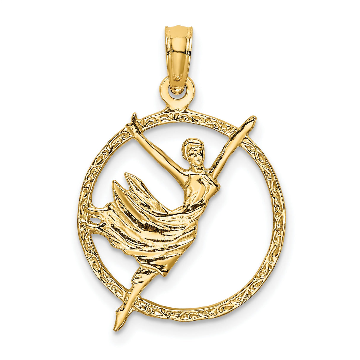 14k Yellow Gold Ballet Dancer Pendant with Female Figure in Circle Frame