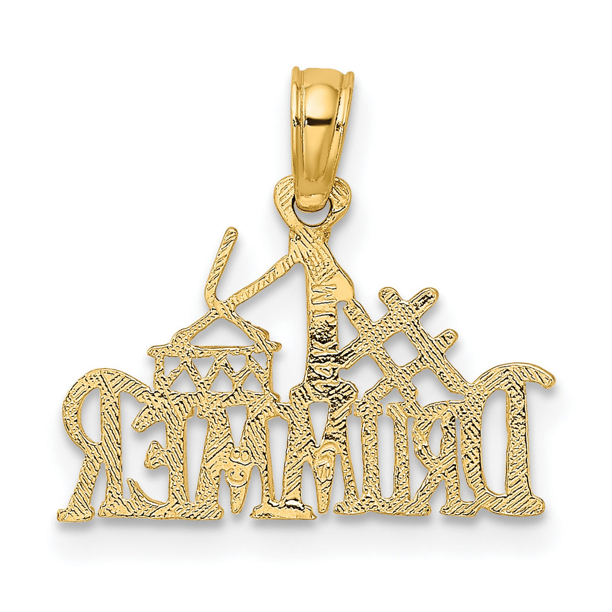 14k Yellow Gold Pendant with Drum and Drumsticks Design, Number 1 Drummer Music Charm