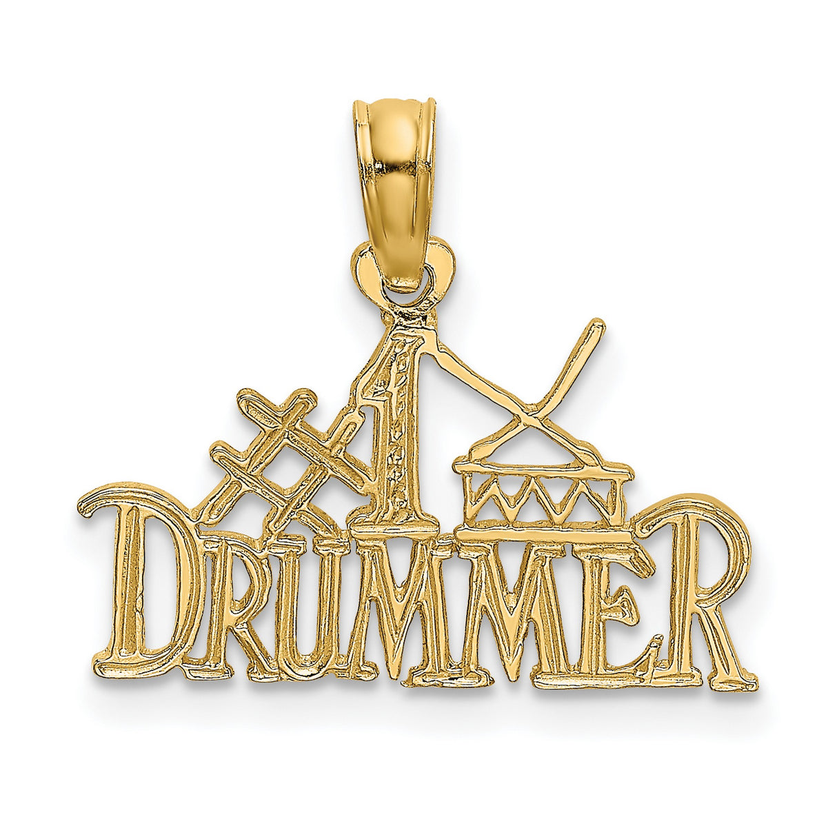 14k Yellow Gold Pendant with Drum and Drumsticks Design, Number 1 Drummer Music Charm